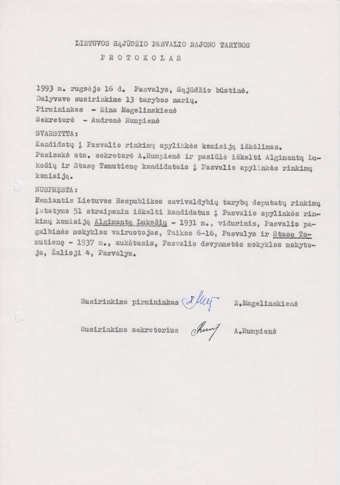 Lietuvos Sajūdžio Pasvalio rajono Tarybos 1993 m. rugsėjo 16 d. susirinkimo PROTOKOLAS 